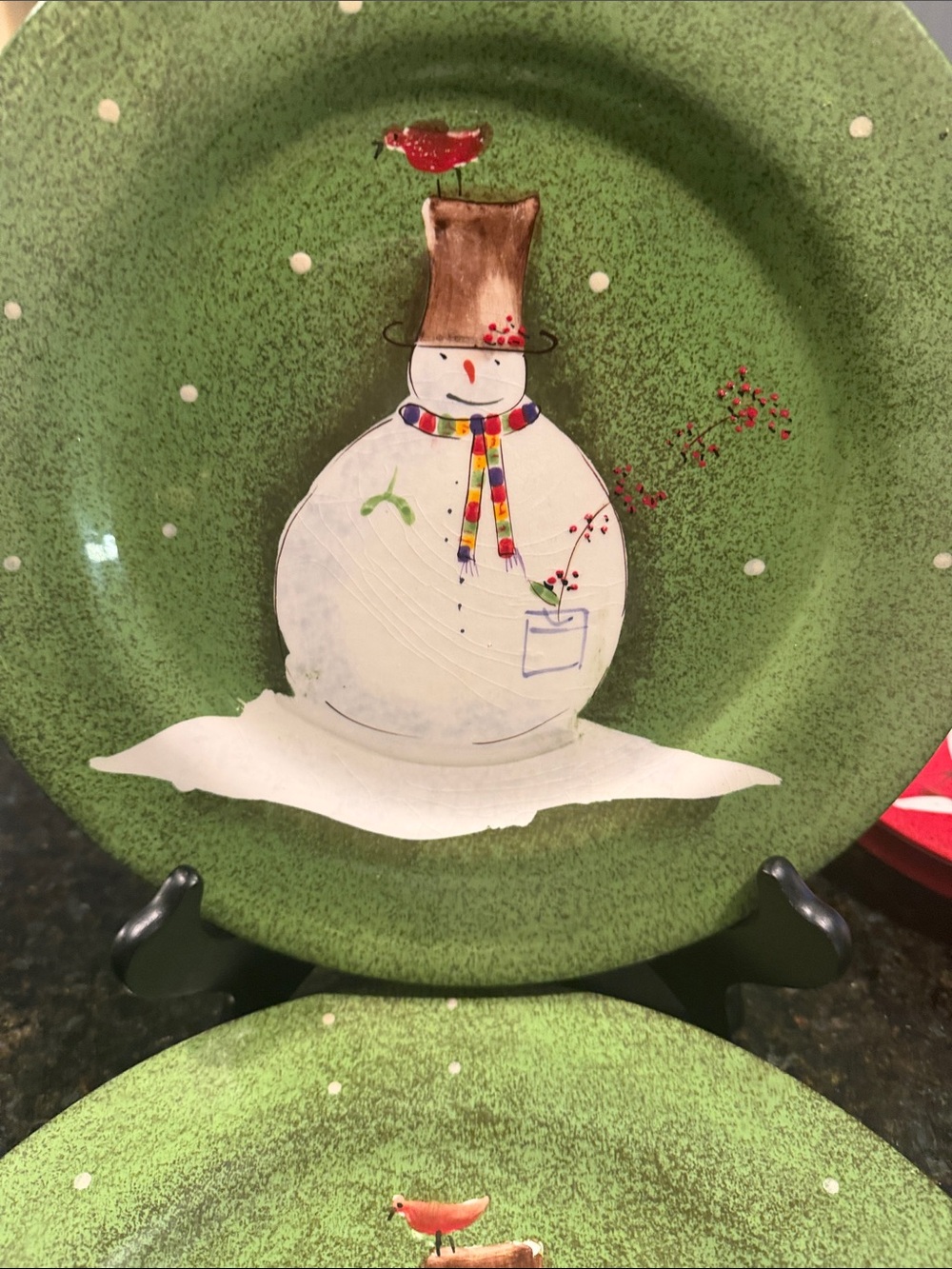 Sakura Green Snowman Holiday Plate with Red Cardinal